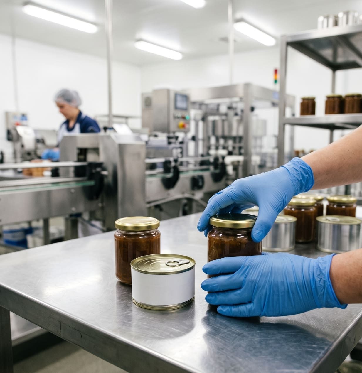 Mains gantées manipulant des conserves dans un atelier hygiénique