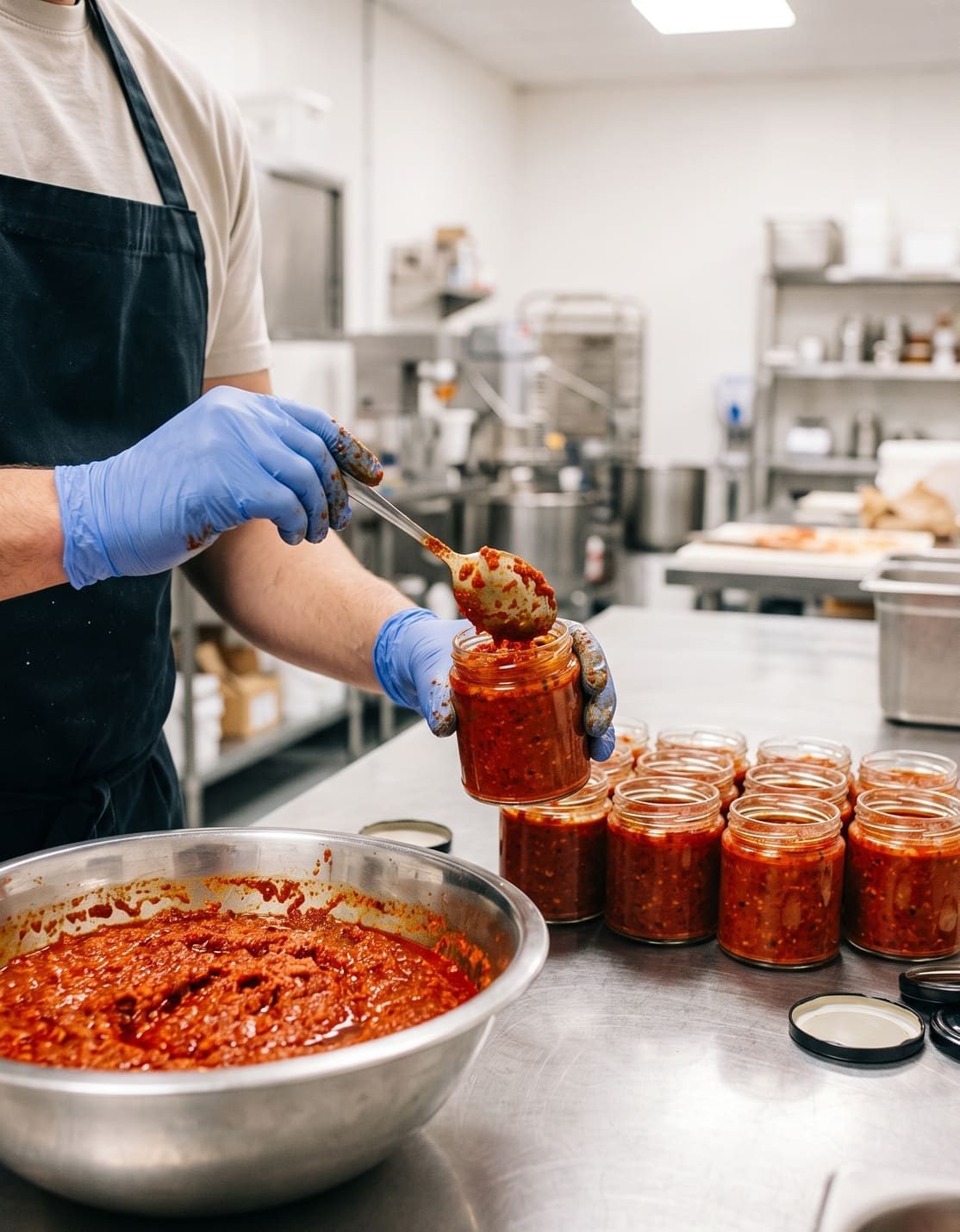 Bocaux de harissa mis en pot dans un atelier propre et professionnel