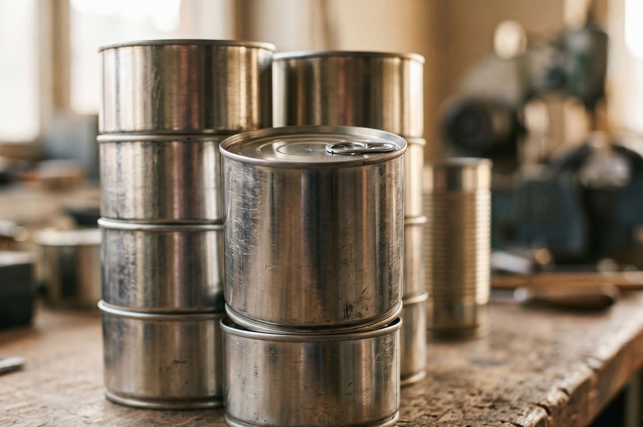 Gros plan sur des boîtes de conserve métalliques scellées, empilées