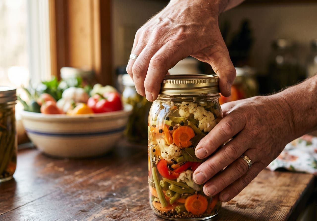 Mains fermant le couvercle d'un bocal en verre rempli de légumes conservés