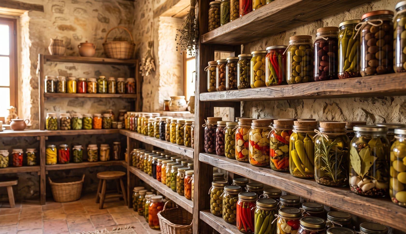 Étagères de bocaux d'olives et de légumes conservés
