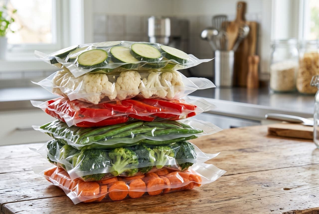 Sachets sous vide empilés contenant des légumes préparés maison